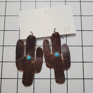 Brown Cactus Shaped Leather Earrings with Turquoise Accent